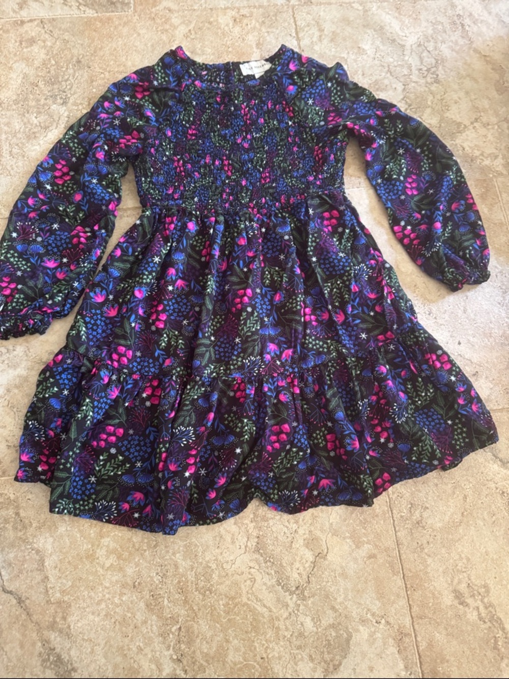Free assembly Black Floral Long Sleeve Smocked Dress flowers girls size m 7/8